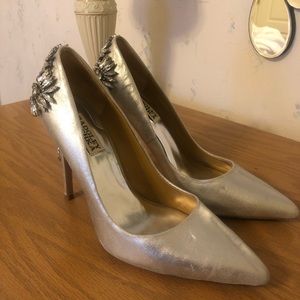 Silver leather jewel-embellished high heels